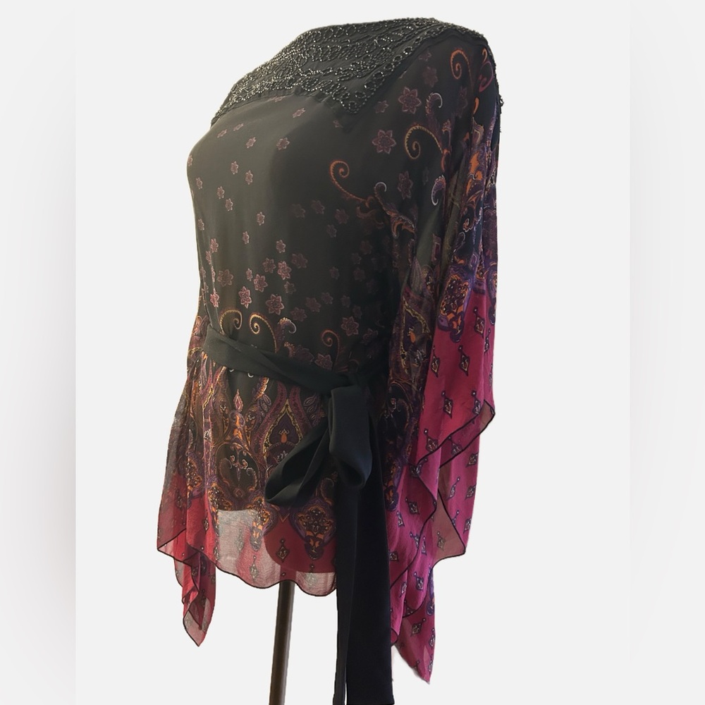 Vintage bebe Silk Crepe Scarf Top w/ Sequins | Like New | M/L